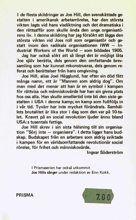 Joe Hill, diktare och agitator : en biografi Söderström, Ingvar (författare) Prisma 140 s