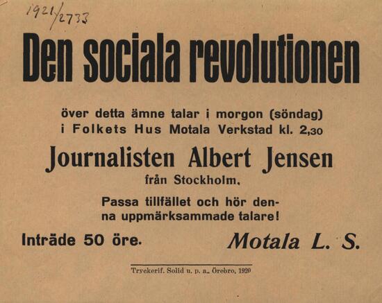 Motala LS tal av Albert Jensen om den sociala revolutionen 1920.