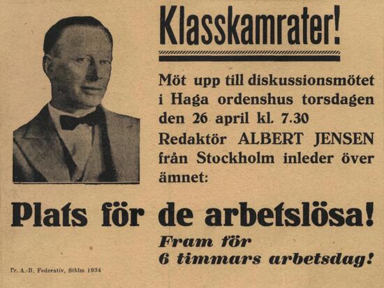 Karlstads LS; diskussionsmöte med Albert Jensen i Haga ordenshus 1934.