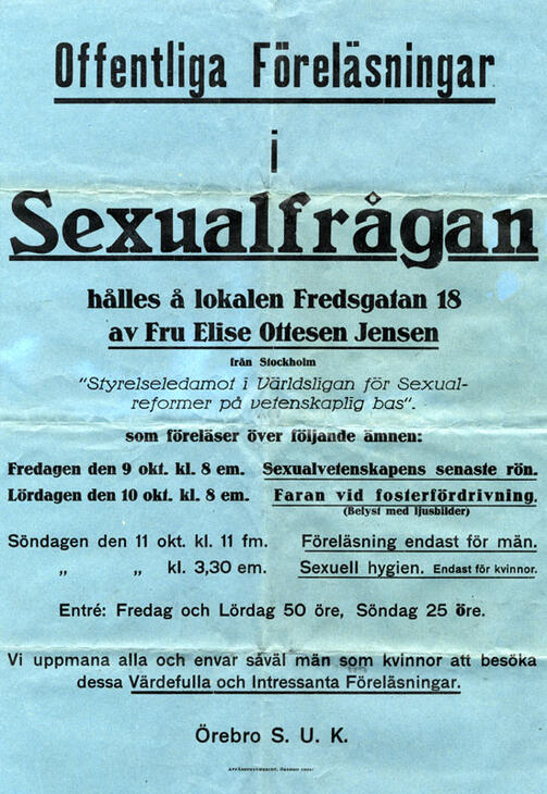 Örebro SUK föreläsningar i sexualfrågan hålles av Elise ottesen-Jensen 1931.