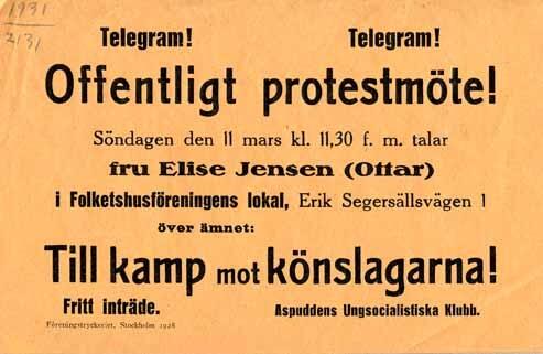 Aspuddens ungsocialistiska klubb offentligt protestmöte med Elise Ottesen-Jensen 1928.