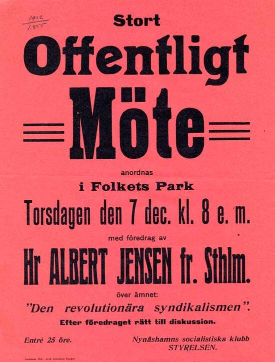 Nynäshamns socialistiska klubb  föredrag av Albert Jensen om syndikalismen.