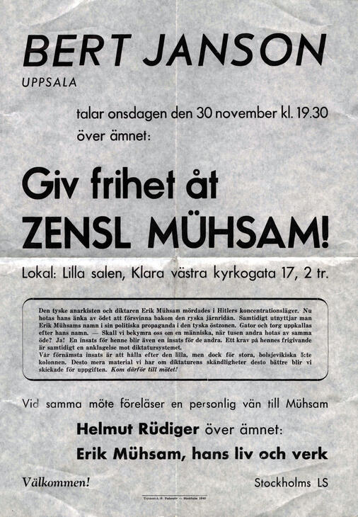Stockholms LS Bert janson talar över ämnet giv frihet åt Zensl Mühsam och Helmut Rüdiger över ämnet Erik Mühsam, hans liv och verk 1949.