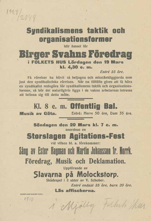Mjölby föredrag av Birger Svahn 1910.