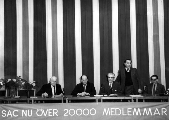 SACs kongress 1964. Sittande från vänster: Herbert Anckar, Valfrid Olofsson, Algot Karlsson och Sven Nygård. Stående: Algot Nilsson.