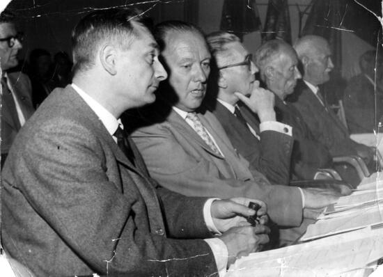 SACs jubileumskongress 1960. Från vänster: Louis Mercier, Helmut Rüdiger, Albert de Jong, Anton Johansson och okänd.